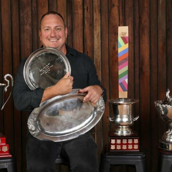 Mike De Iuliis with his trophies from the Hunter Valley Wine Show for Best Shiraz, Best Red, Best Shiraz Two-Years and Older and Best Alternate Red