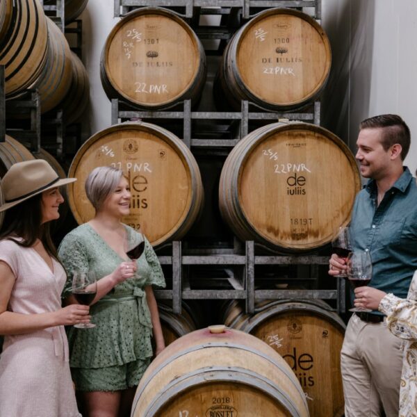 Cellar door guests enjoying a Hunter Valley winery tour at De Iuliis Wines in Pokolbin