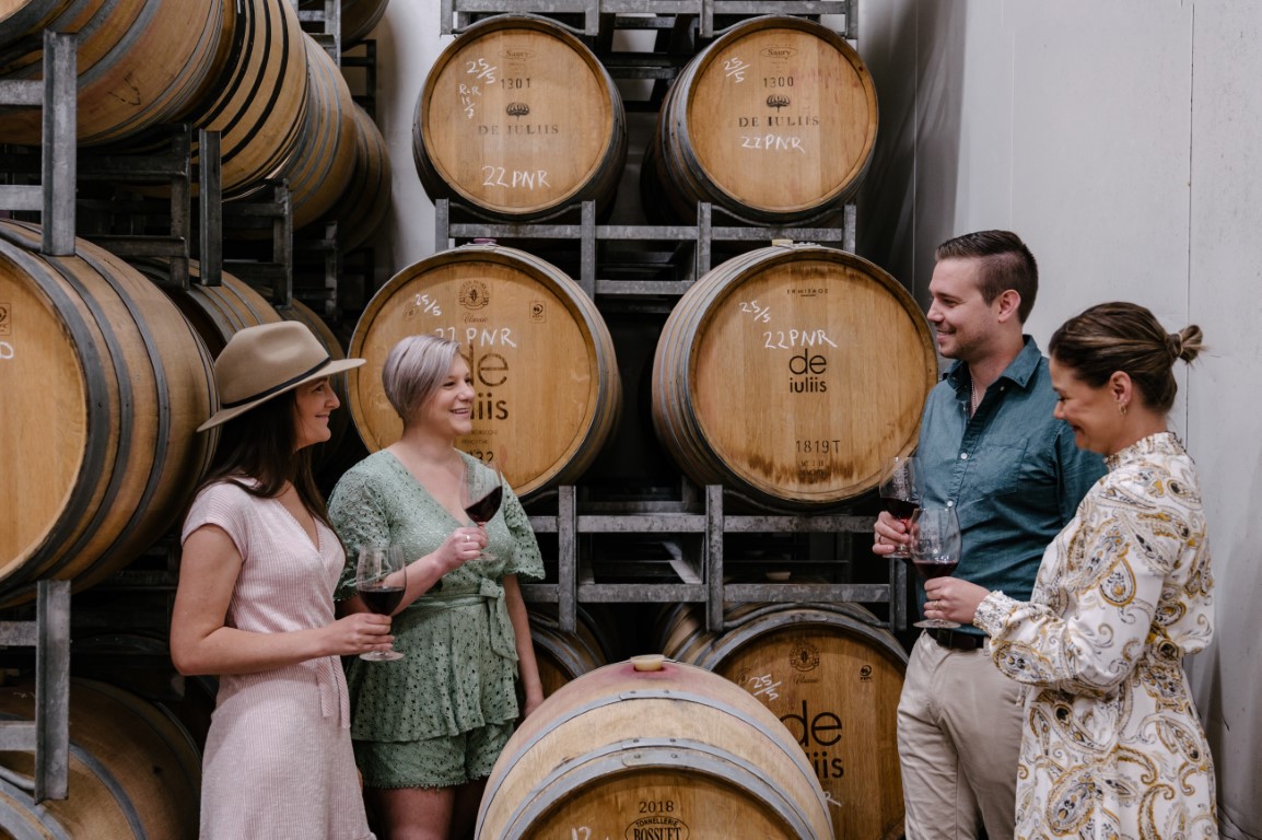 Cellar door guests enjoying a Hunter Valley winery tour at De Iuliis Wines in Pokolbin