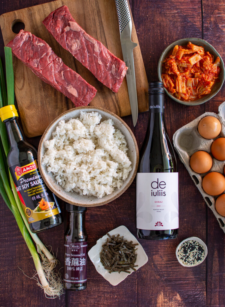 A dish of korean fried rice with Hunter Valley Shiraz
