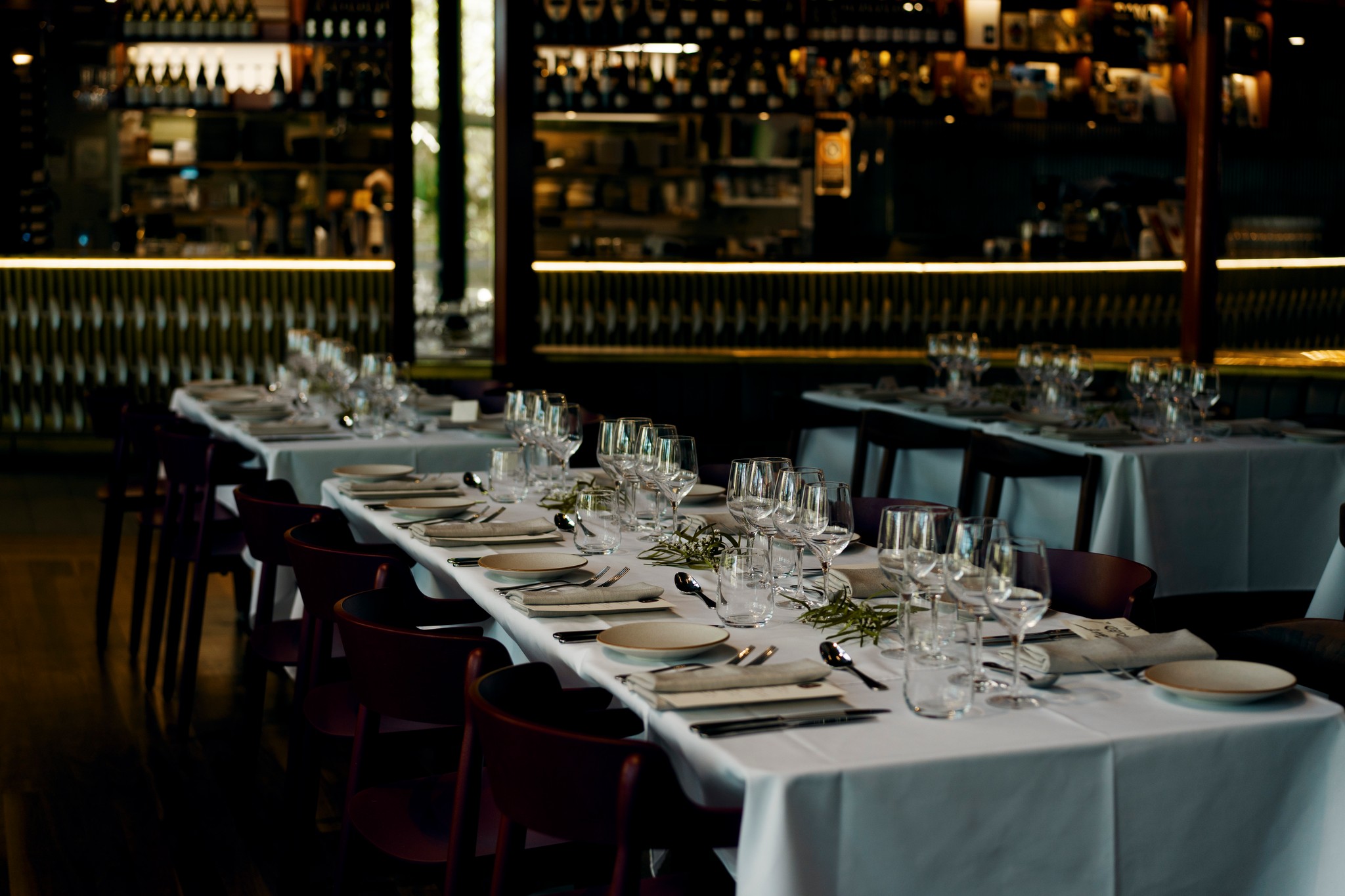 Fine dining restaurant set for a private de iuliis wine event